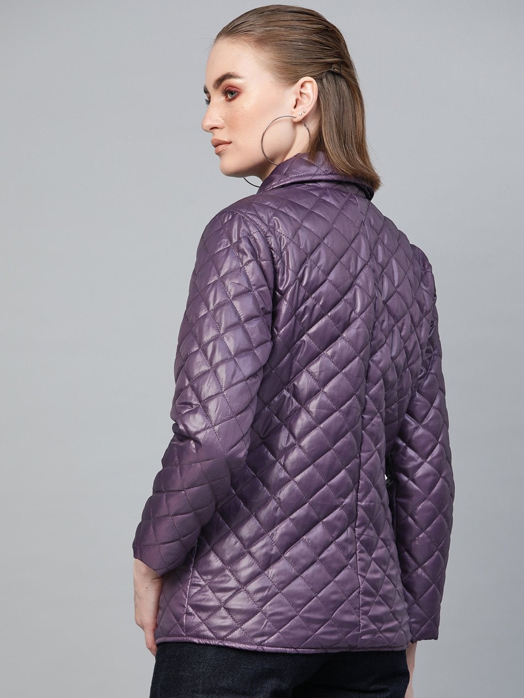 Women's Purple Quilted Collar Button Front Jacket - SASSAFRAS