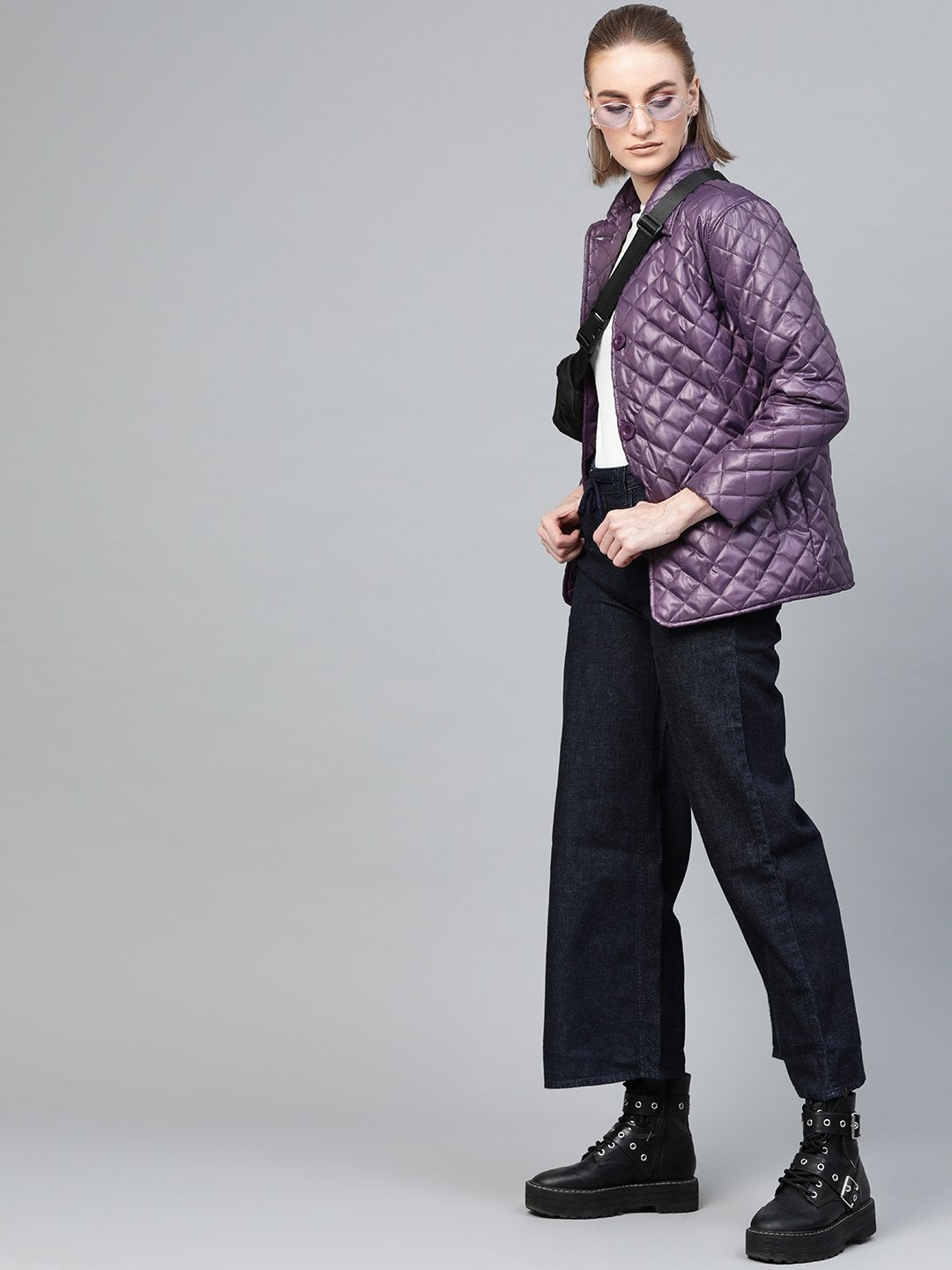 Women's Purple Quilted Collar Button Front Jacket - SASSAFRAS