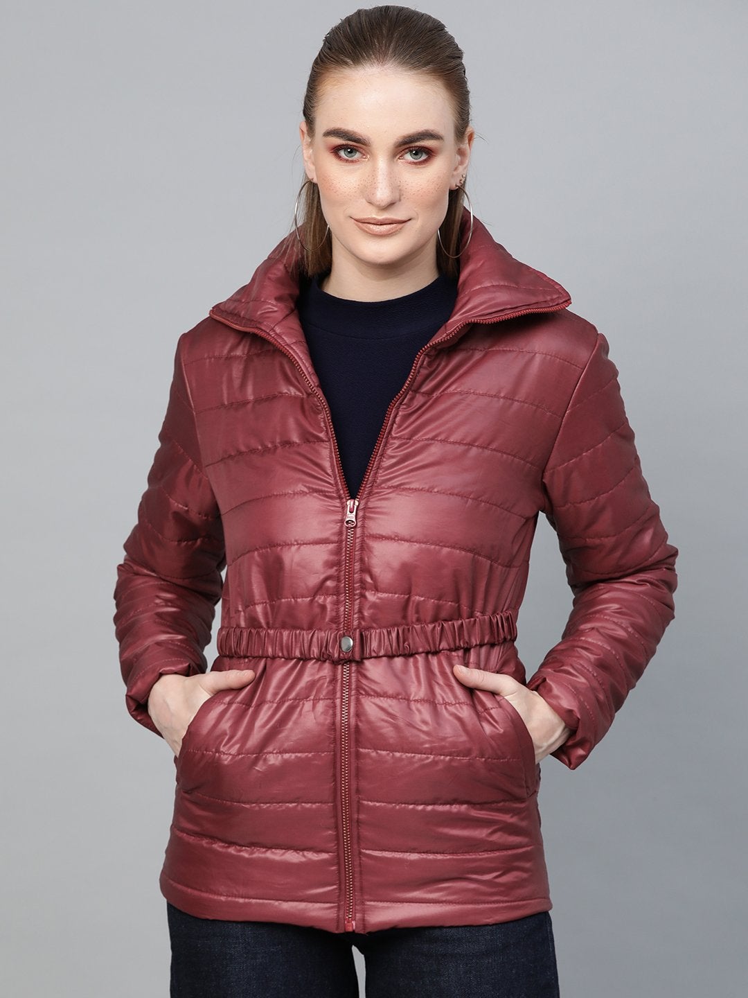 Women's Burgundy Belted Quilted Jacket - SASSAFRAS