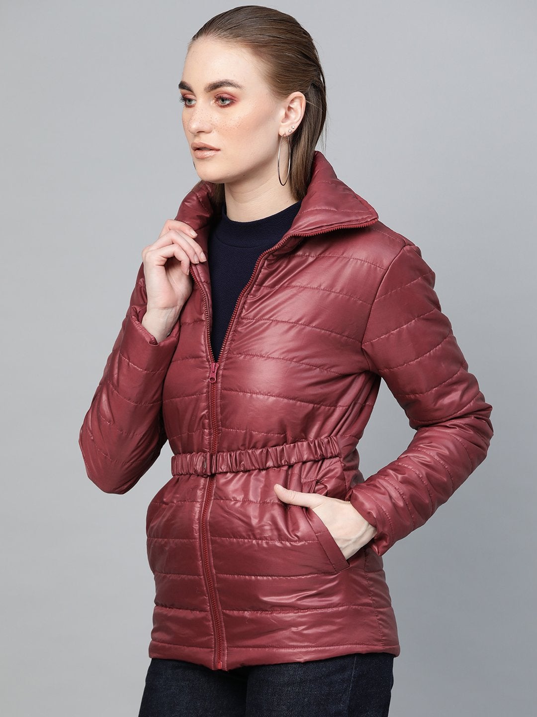 Women's Burgundy Belted Quilted Jacket - SASSAFRAS