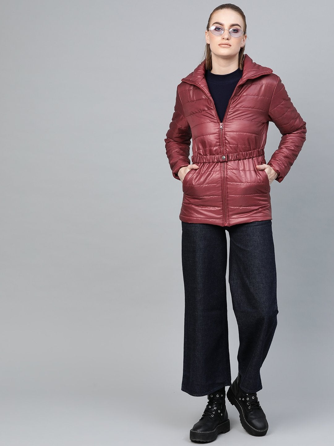 Women's Burgundy Belted Quilted Jacket - SASSAFRAS