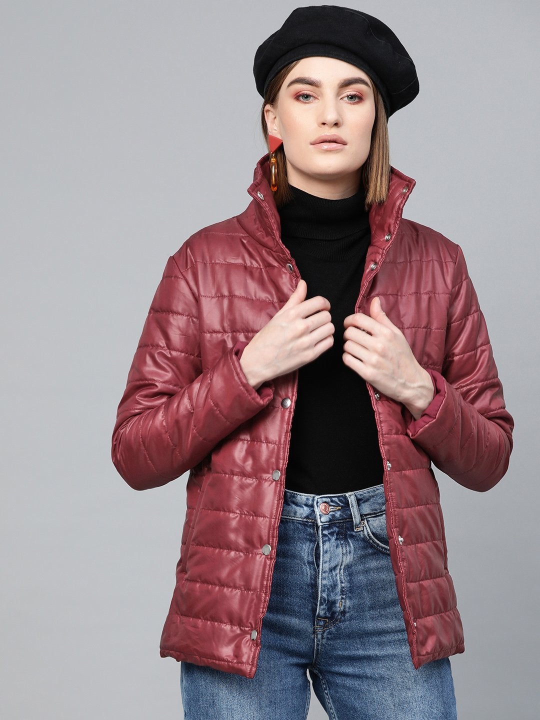 Women's Burgundy High Neck Qulited Jacket - SASSAFRAS