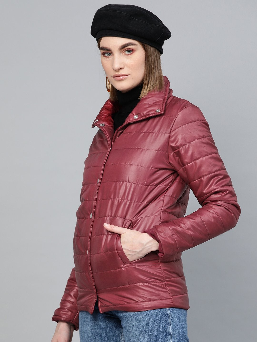 Women's Burgundy High Neck Qulited Jacket - SASSAFRAS