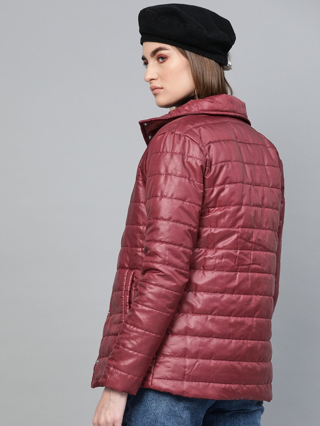 Women's Burgundy High Neck Qulited Jacket - SASSAFRAS