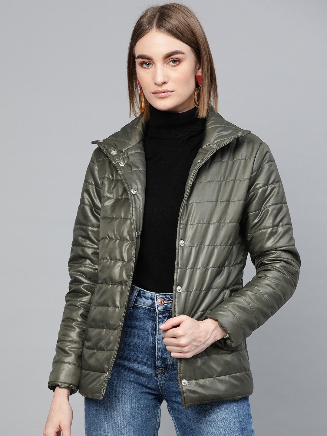 Women's Grey High Neck Qulited Jacket - SASSAFRAS