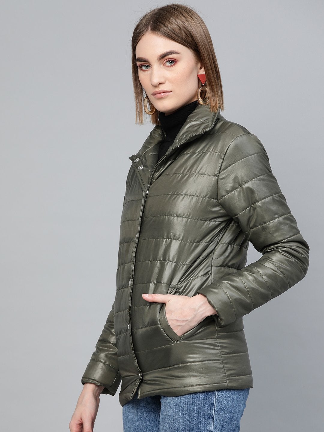 Women's Grey High Neck Qulited Jacket - SASSAFRAS