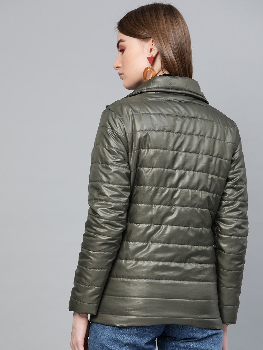 Women's Grey High Neck Qulited Jacket - SASSAFRAS