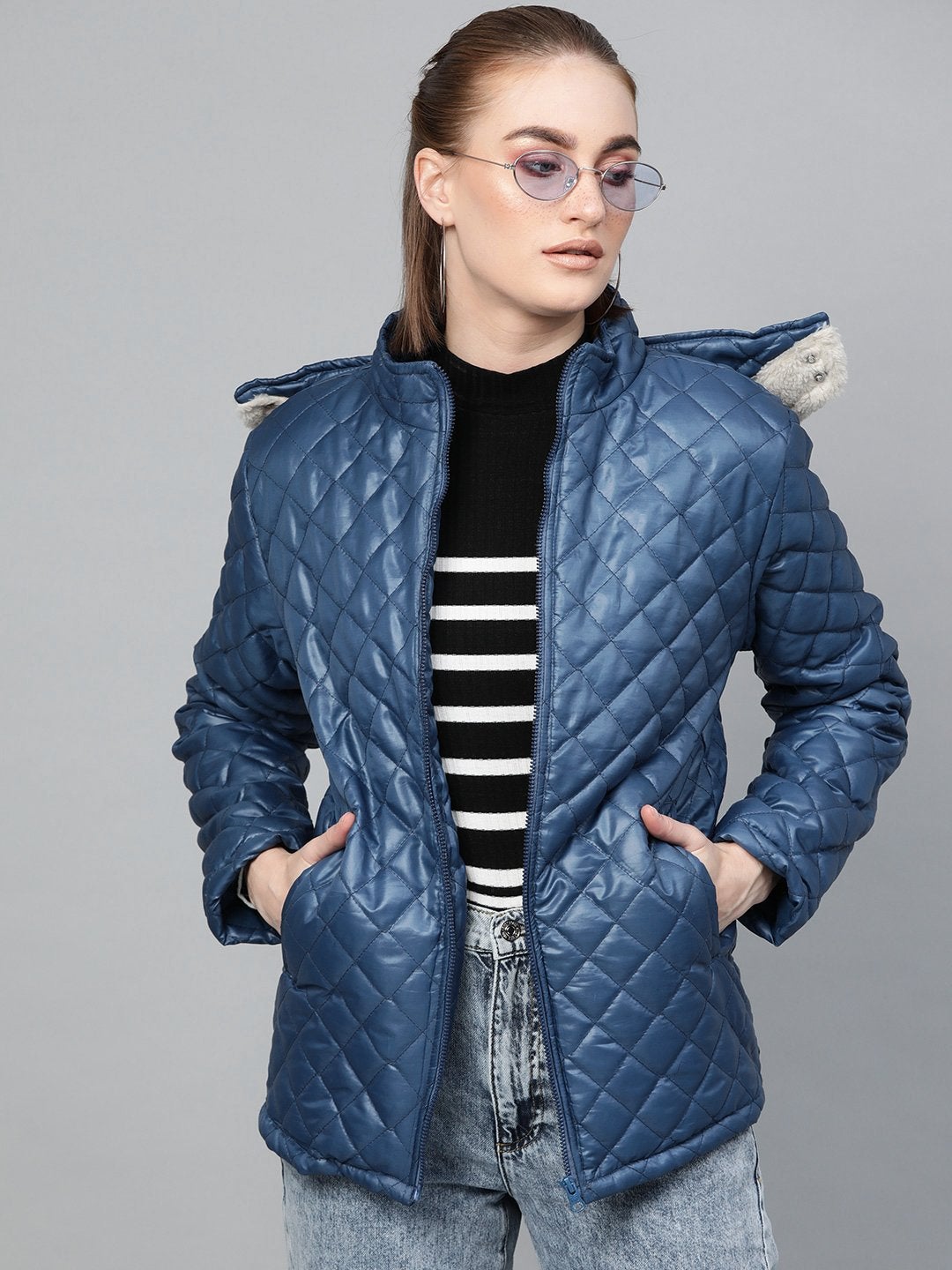 Women's Teal Quilted Fur-Hood Parka Jacket - SASSAFRAS