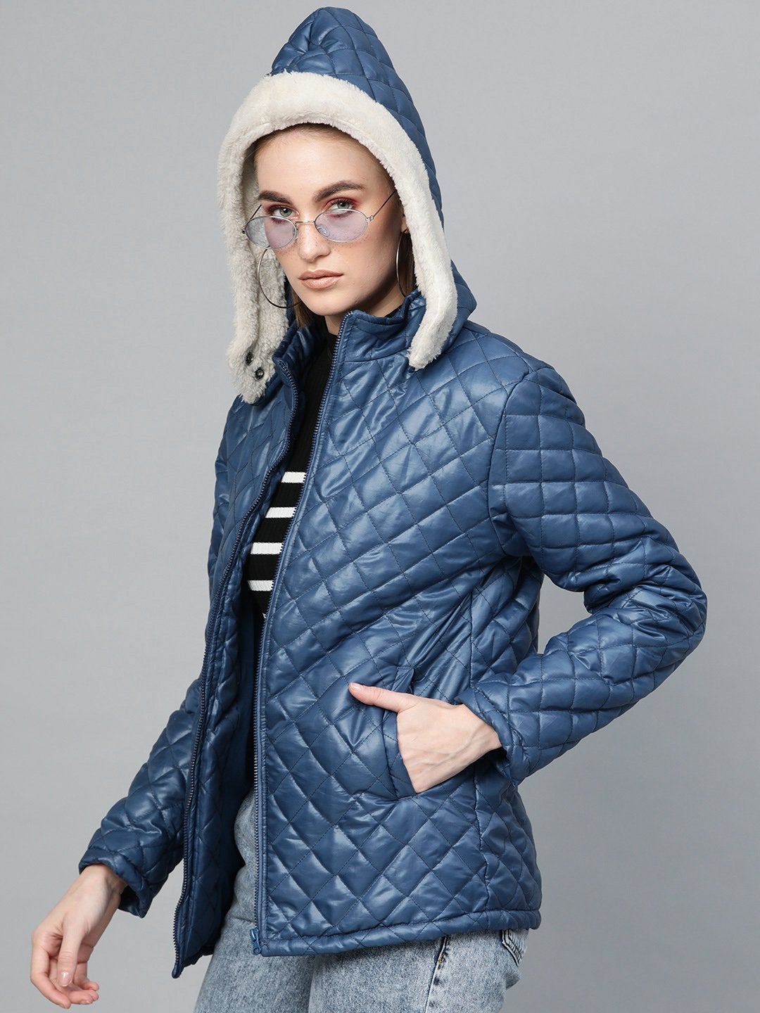 Women's Teal Quilted Fur-Hood Parka Jacket - SASSAFRAS