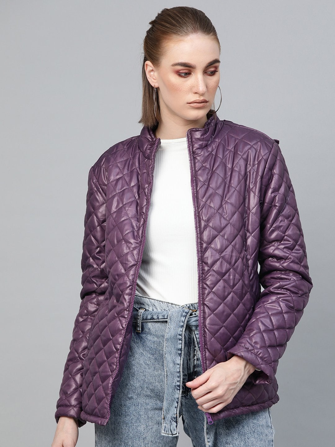 Women's Purple Quilted Fur-Hood Parka Jacket - SASSAFRAS