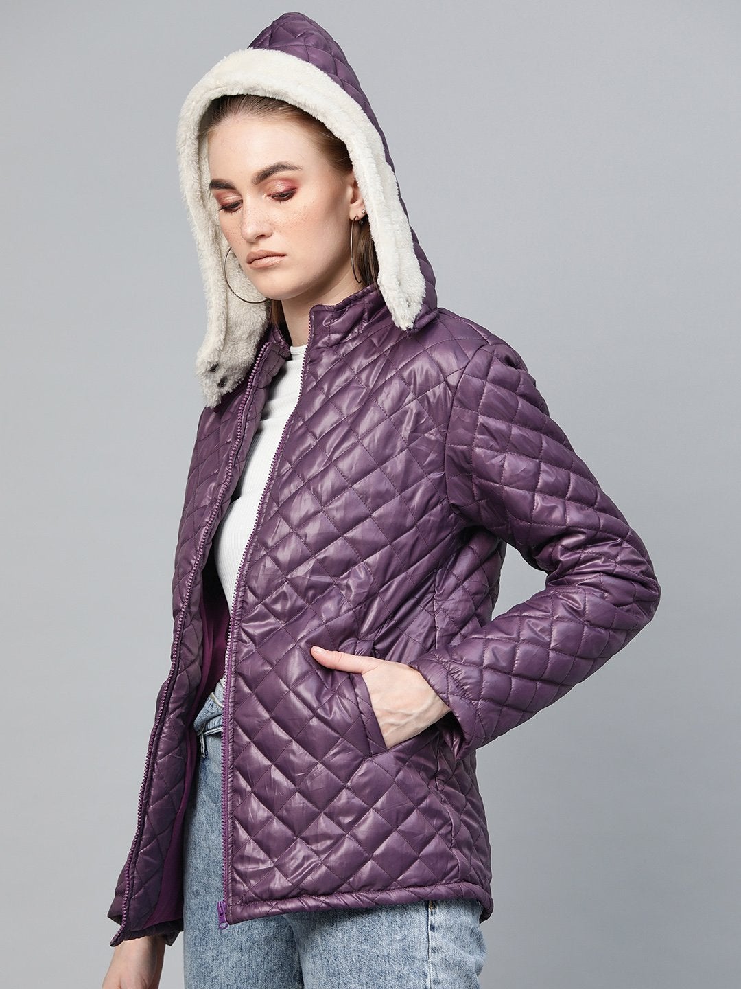 Women's Purple Quilted Fur-Hood Parka Jacket - SASSAFRAS