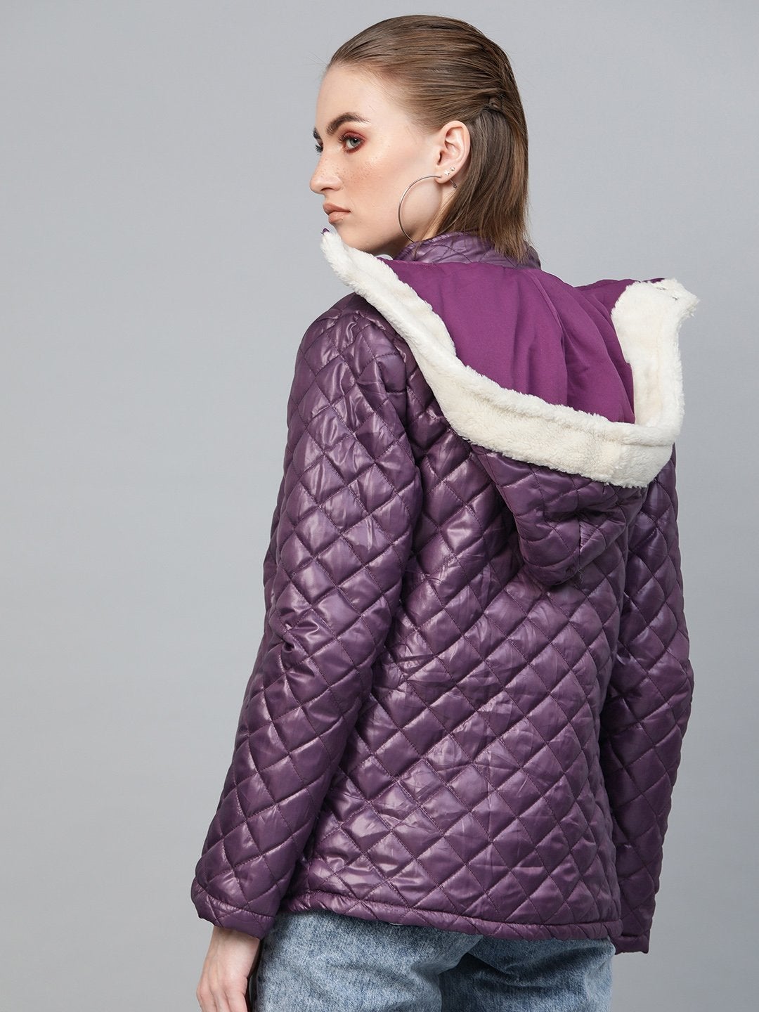 Women's Purple Quilted Fur-Hood Parka Jacket - SASSAFRAS