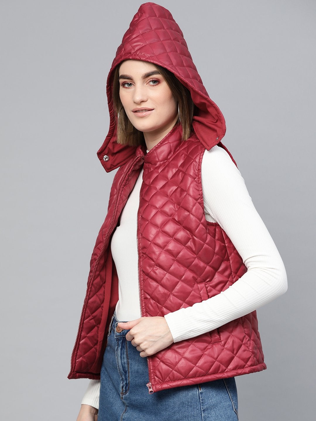 Women's Maroon Quilted Sleeveless Hood Jacket - SASSAFRAS