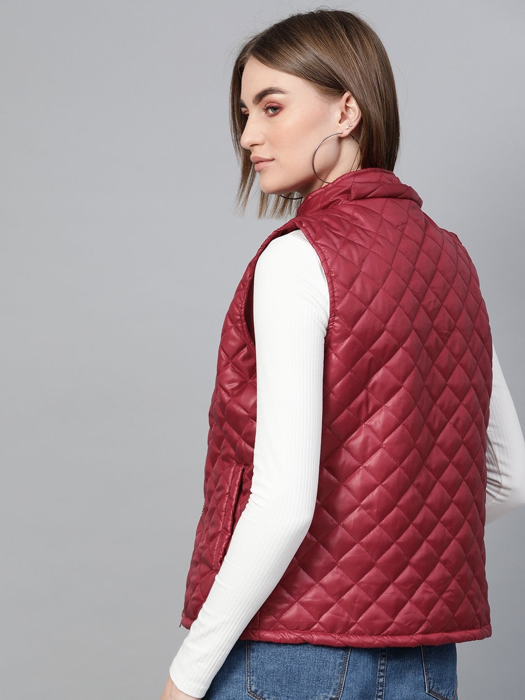 Women's Maroon Quilted Sleeveless Hood Jacket - SASSAFRAS