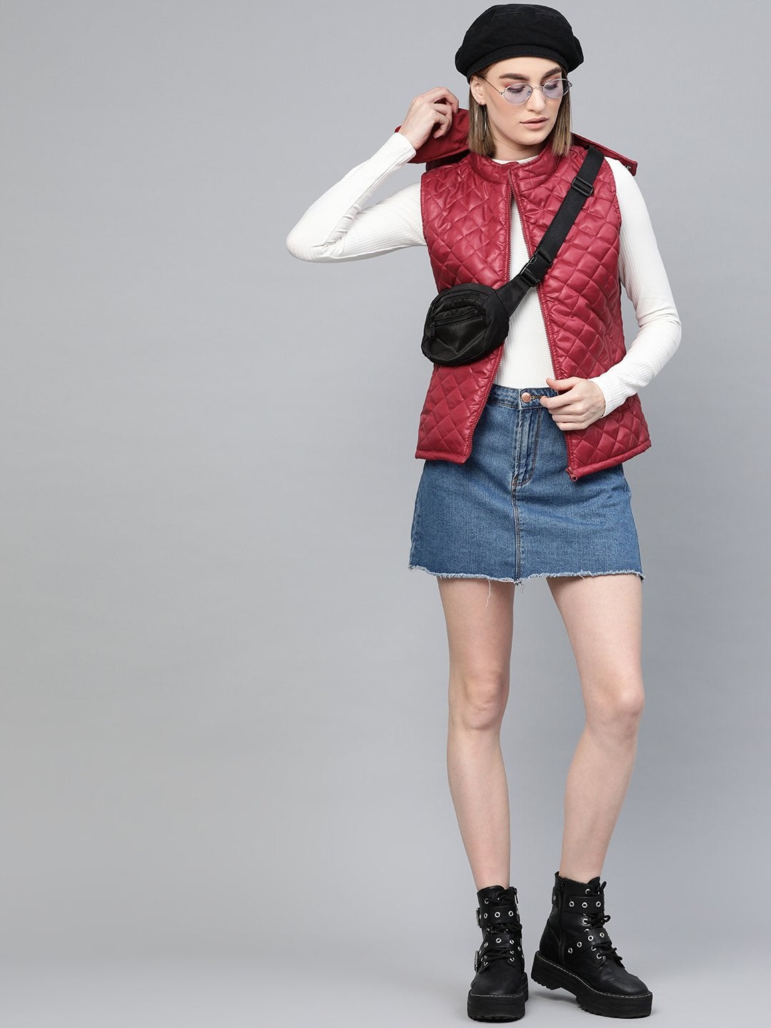 Women's Maroon Quilted Sleeveless Hood Jacket - SASSAFRAS