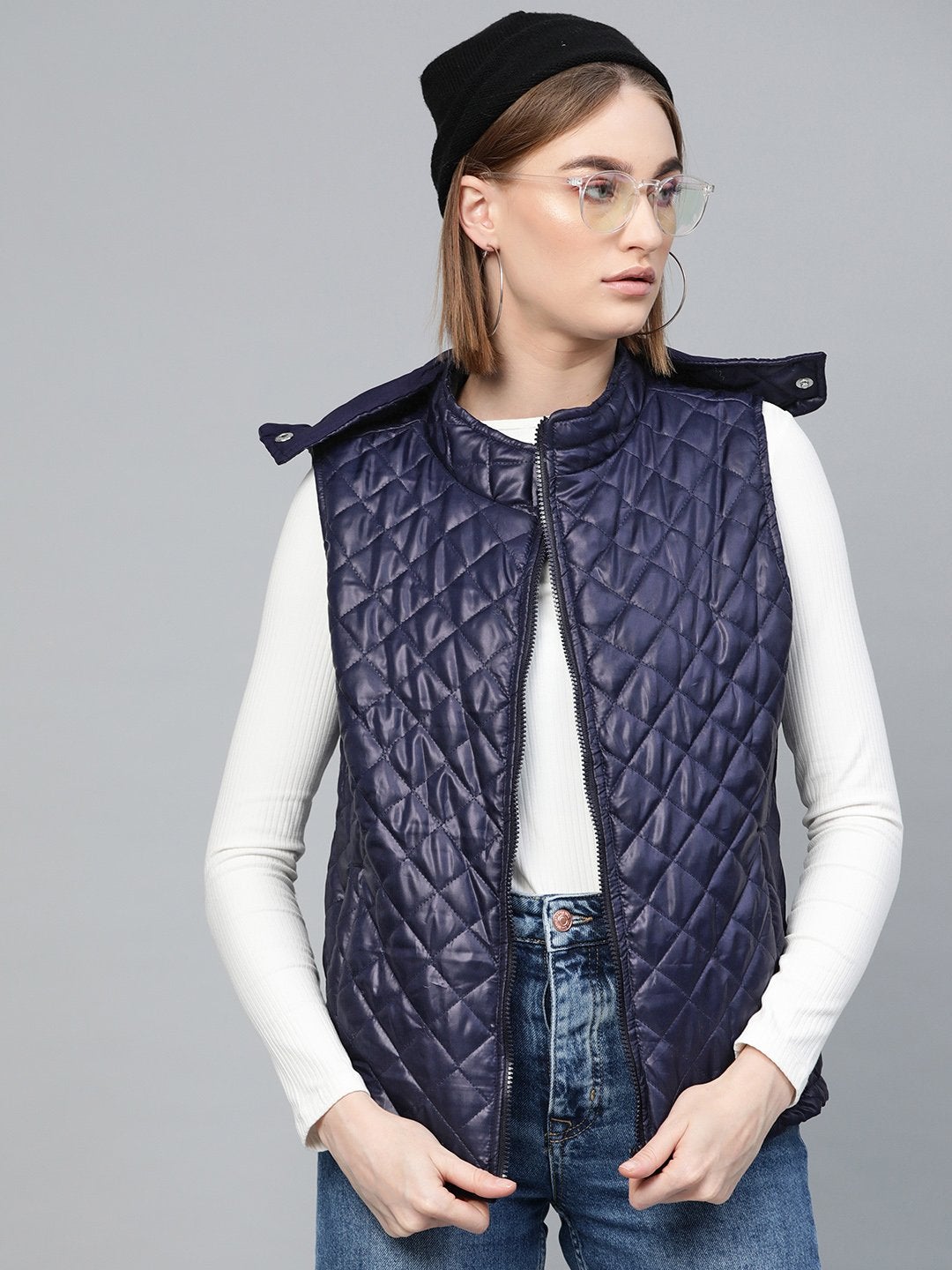 Women's Navy Quilted Sleeveless Hood Jacket - SASSAFRAS