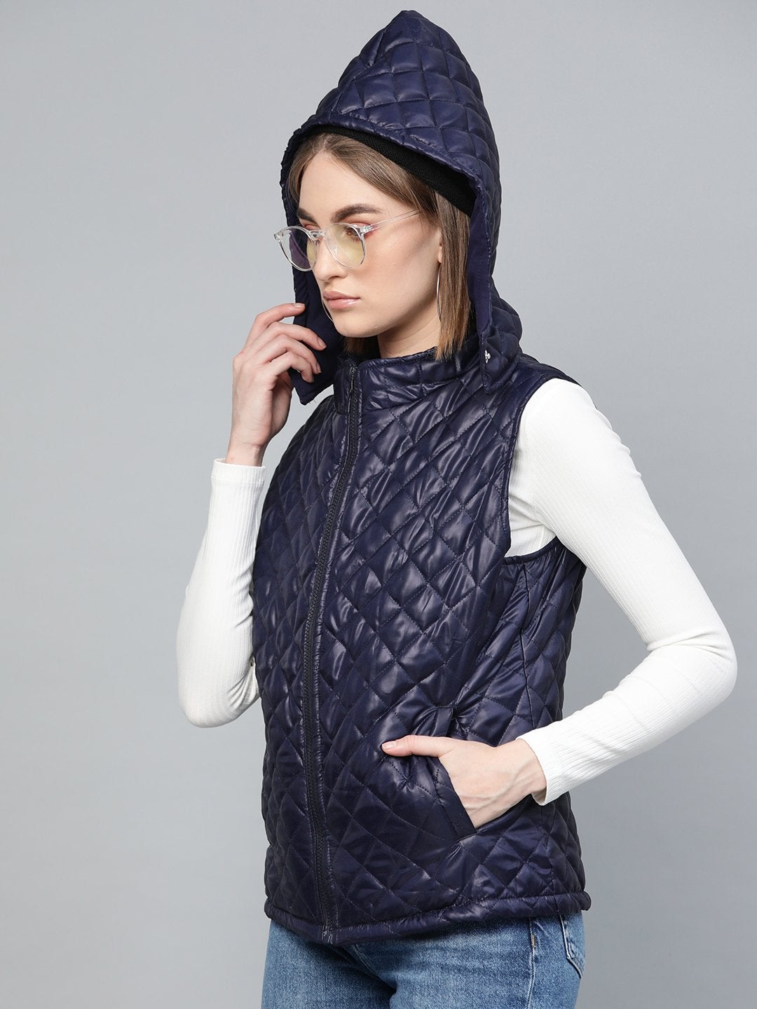 Women's Navy Quilted Sleeveless Hood Jacket - SASSAFRAS