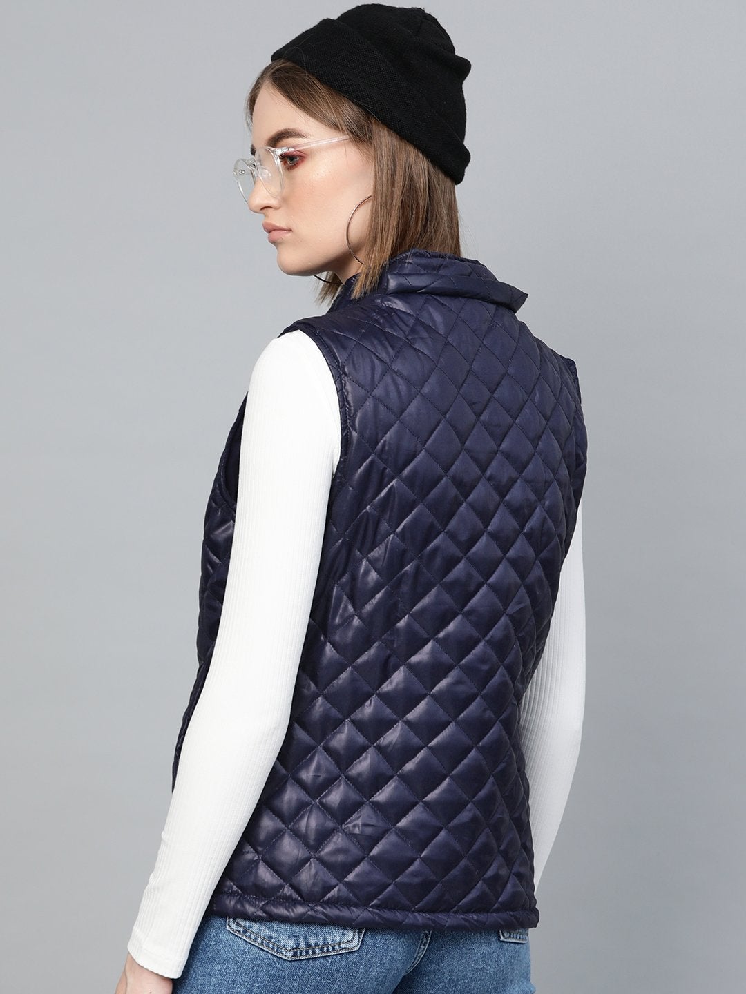 Women's Navy Quilted Sleeveless Hood Jacket - SASSAFRAS