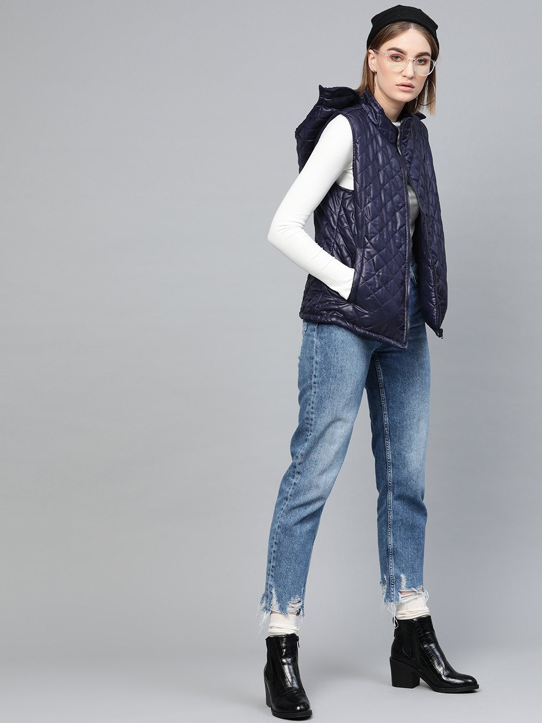 Women's Navy Quilted Sleeveless Hood Jacket - SASSAFRAS