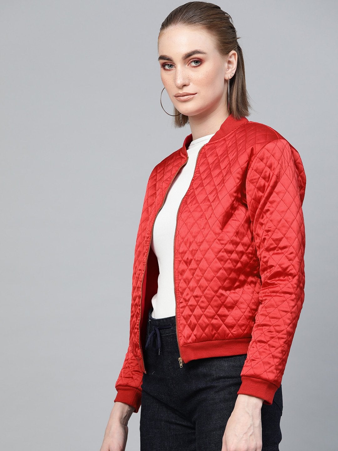 Women's Red Quilting Bomber Jacket - SASSAFRAS