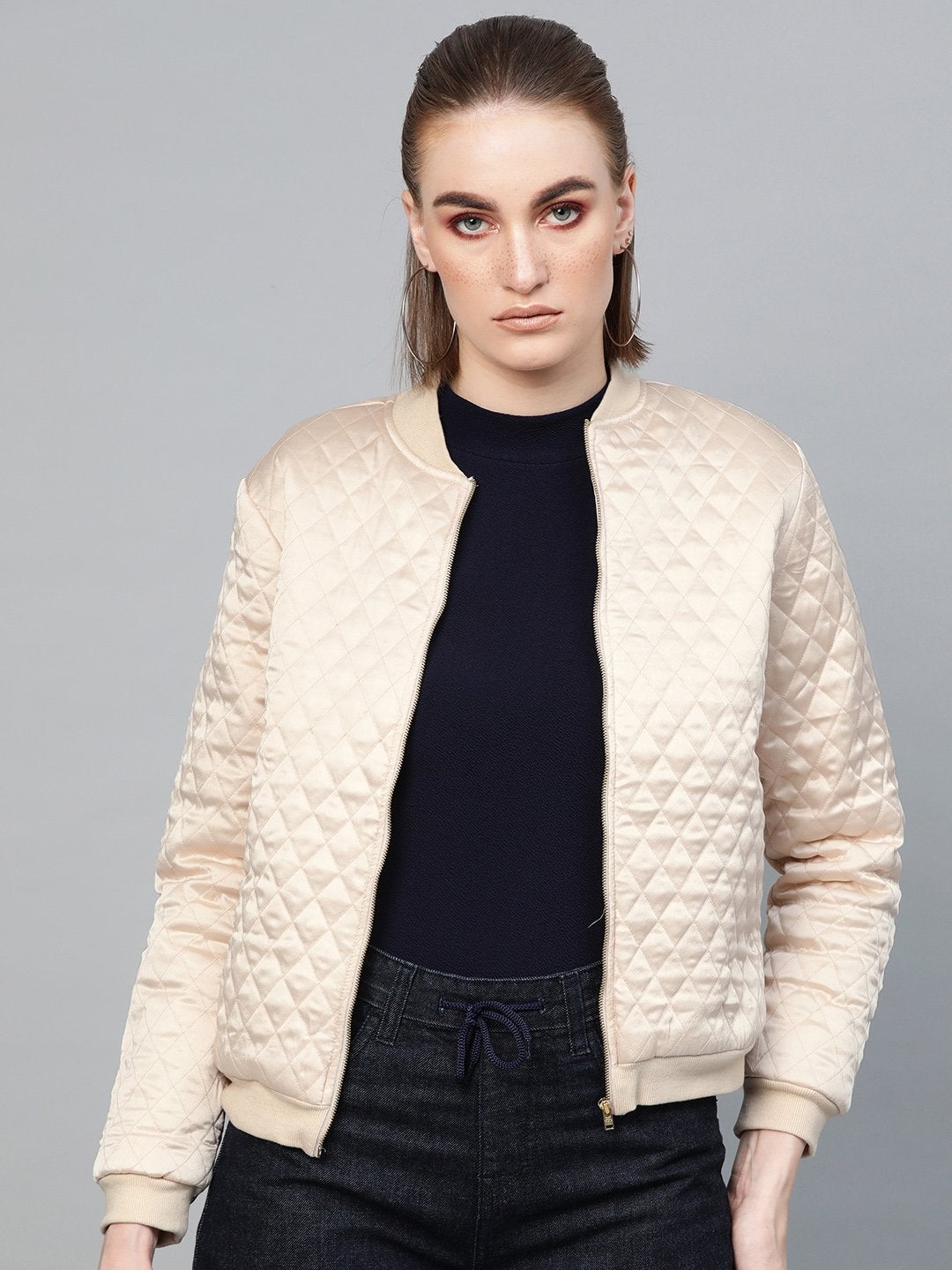 Women's Nude Quilting Bomber Jacket - SASSAFRAS