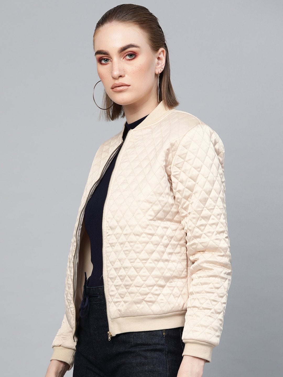 Women's Nude Quilting Bomber Jacket - SASSAFRAS