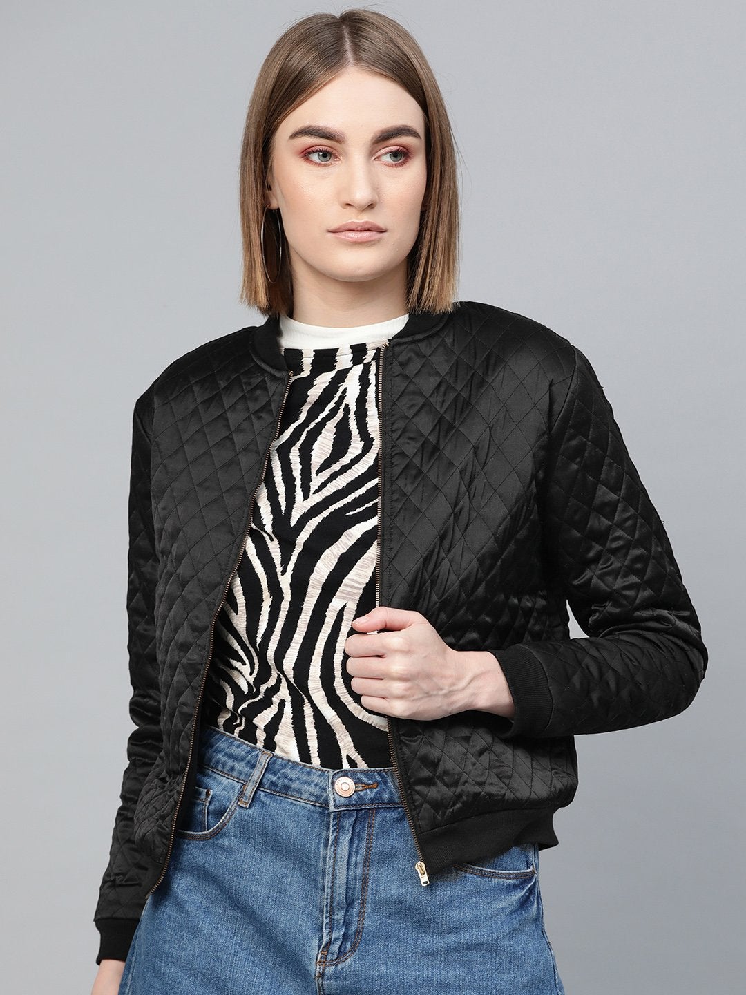 Women's Black Quilting Bomber Jacket - SASSAFRAS