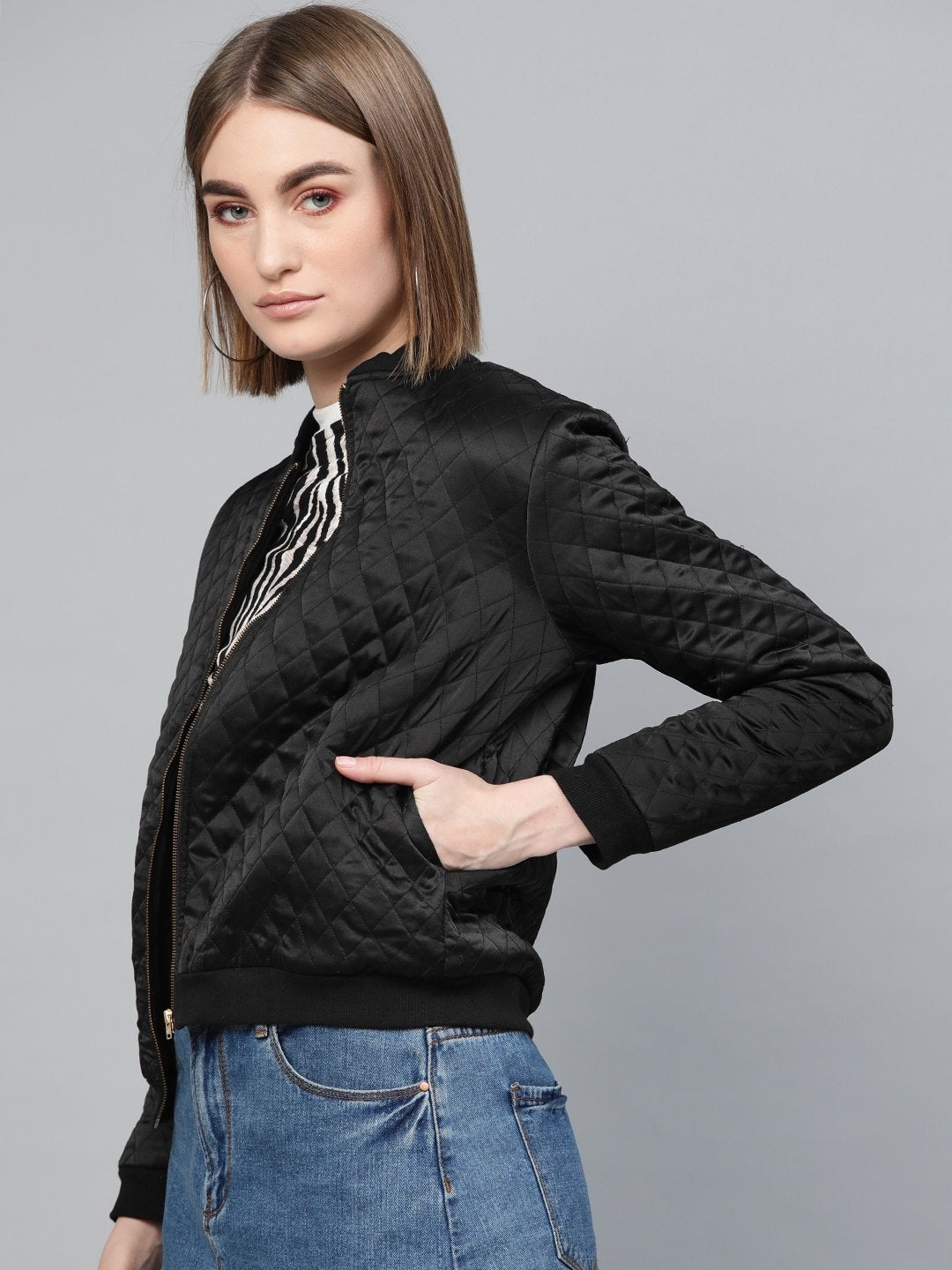 Women's Black Quilting Bomber Jacket - SASSAFRAS