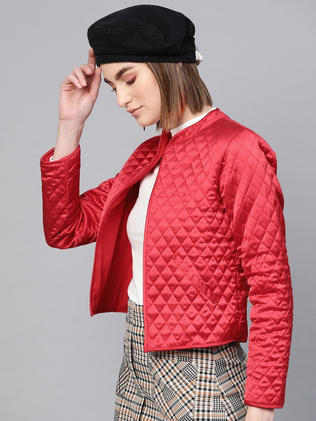 Women's Red Front Open Quilted Jacket - SASSAFRAS