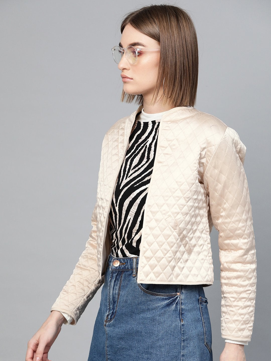 Women's Nude Front Open Quilted Jacket - SASSAFRAS