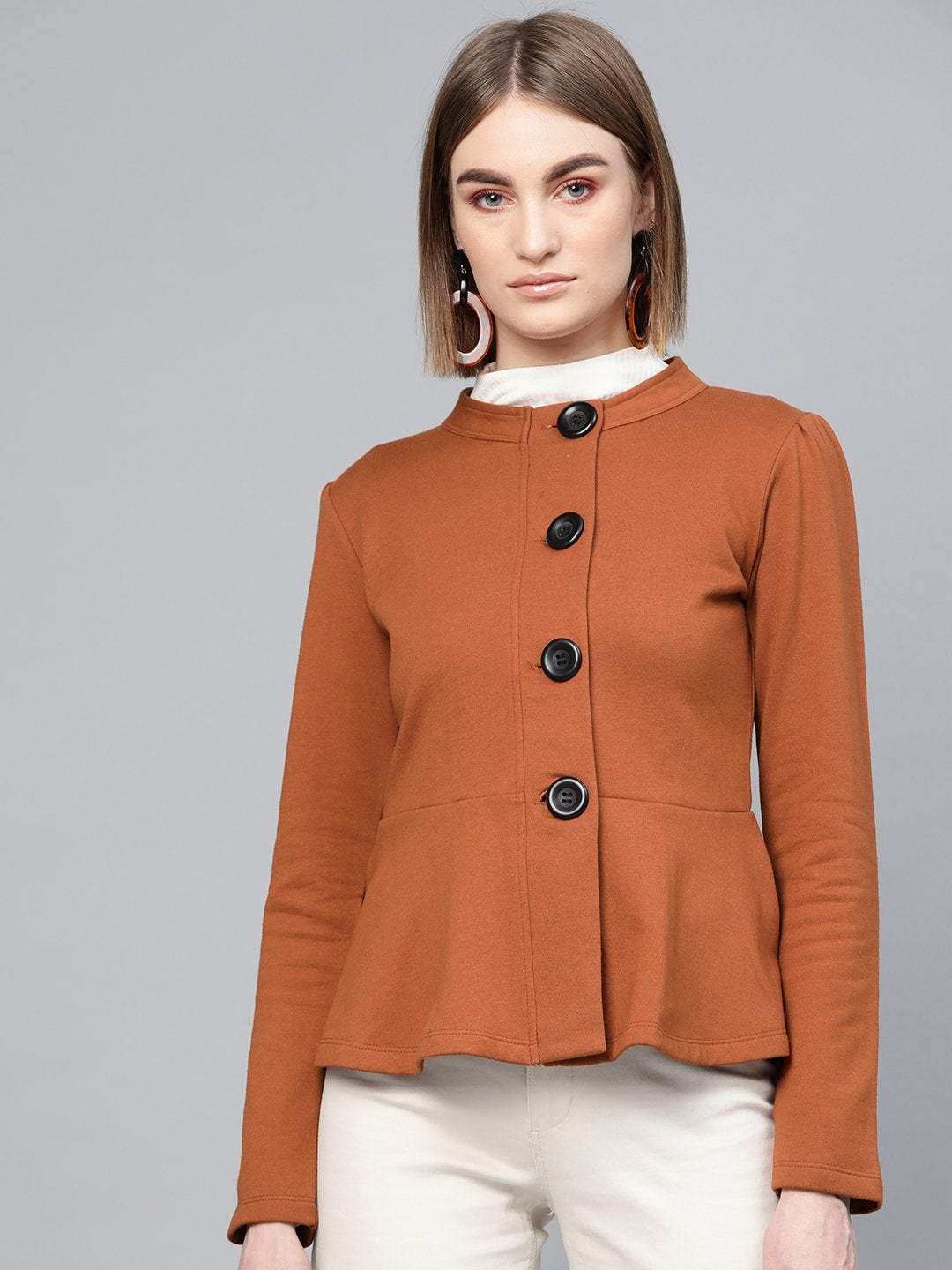 Women's Brown Button Front Peplum Jacket - SASSAFRAS