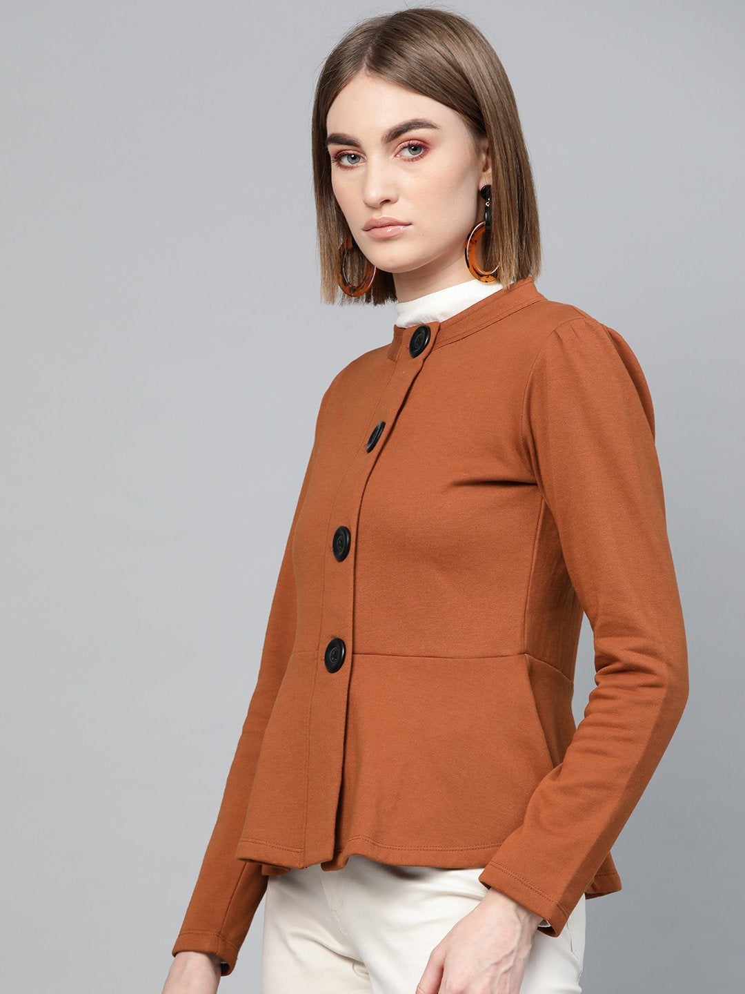 Women's Brown Button Front Peplum Jacket - SASSAFRAS