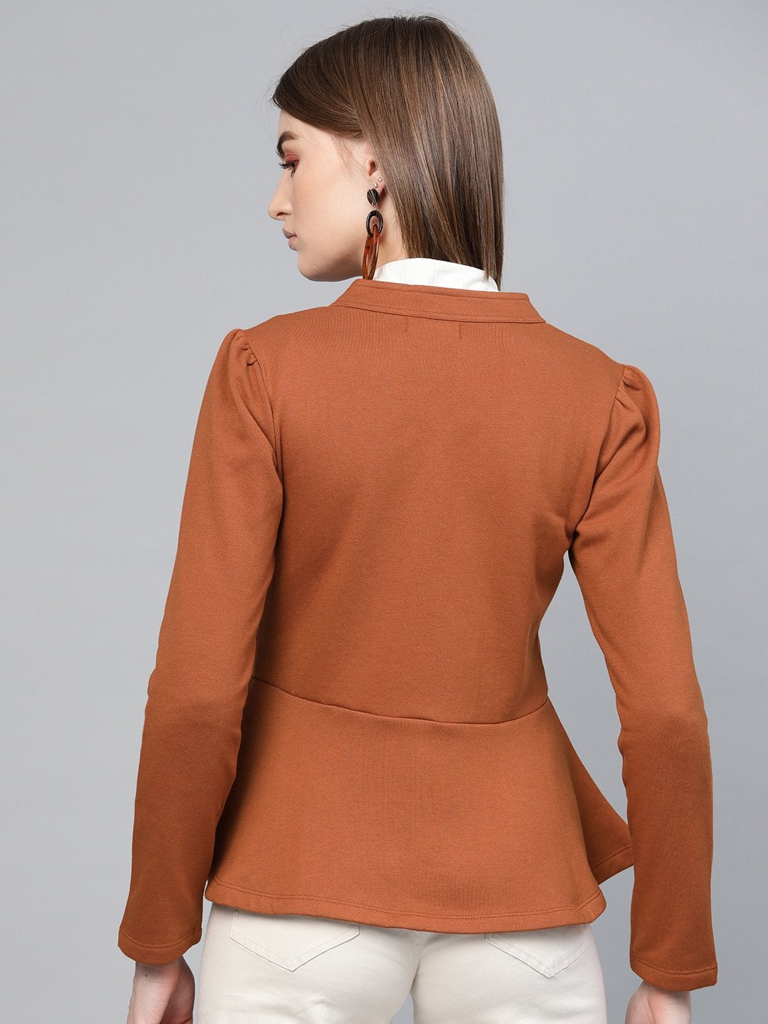 Women's Brown Button Front Peplum Jacket - SASSAFRAS