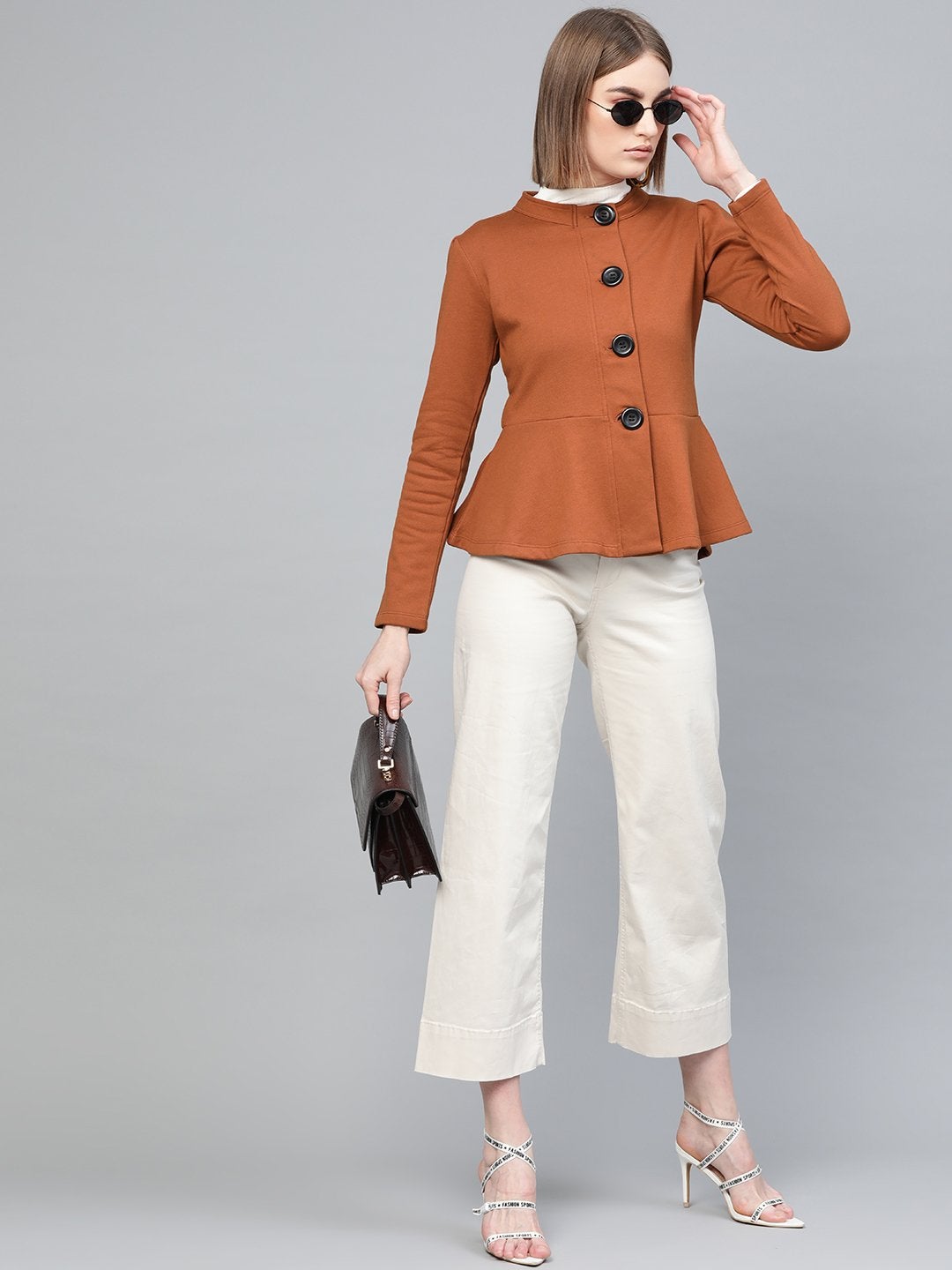 Women's Brown Button Front Peplum Jacket - SASSAFRAS