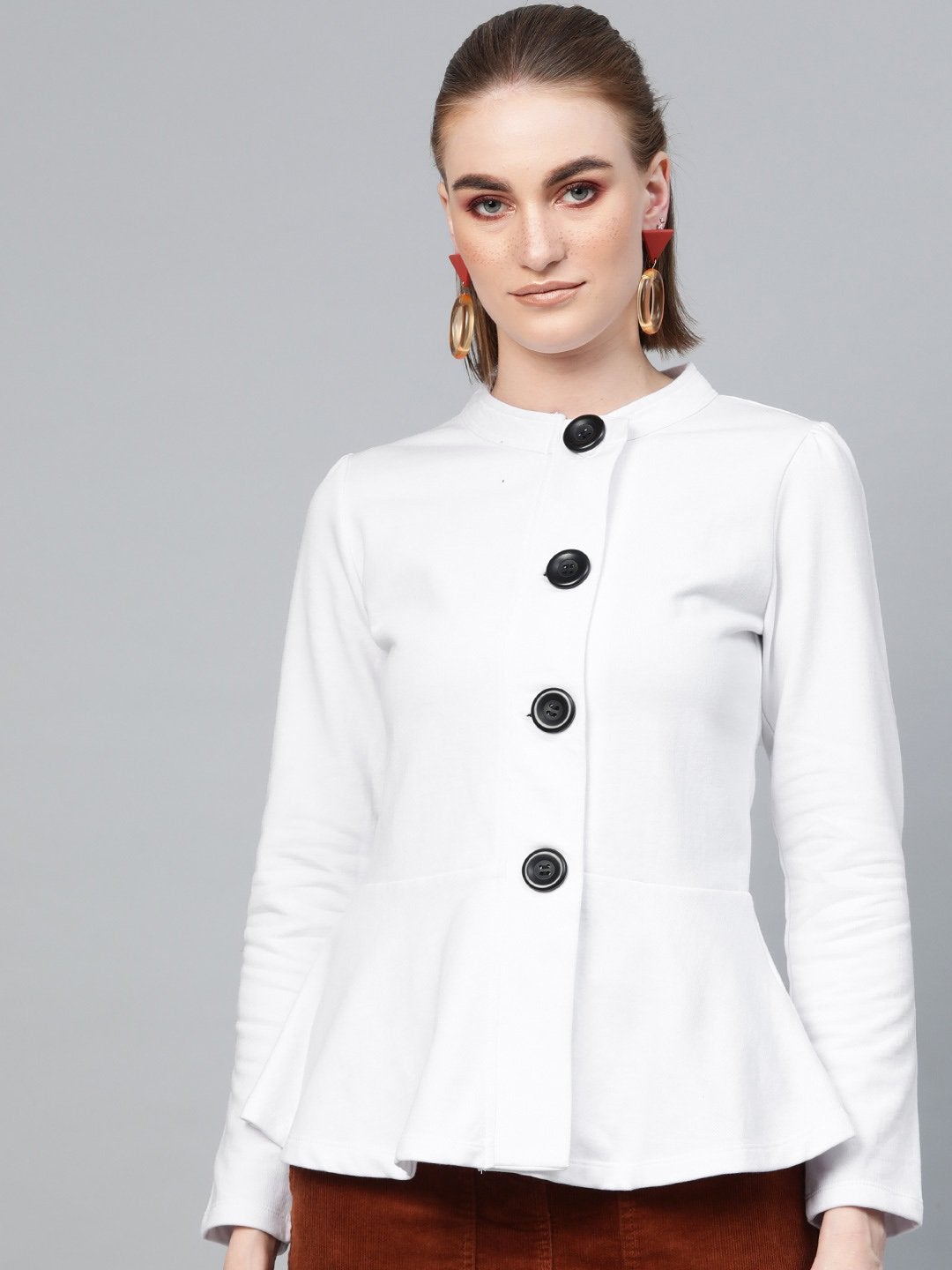 Women's White Button Front Peplum Jacket - SASSAFRAS