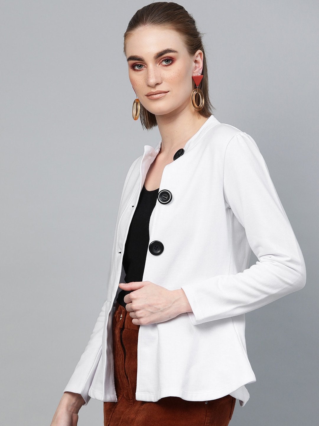 Women's White Button Front Peplum Jacket - SASSAFRAS