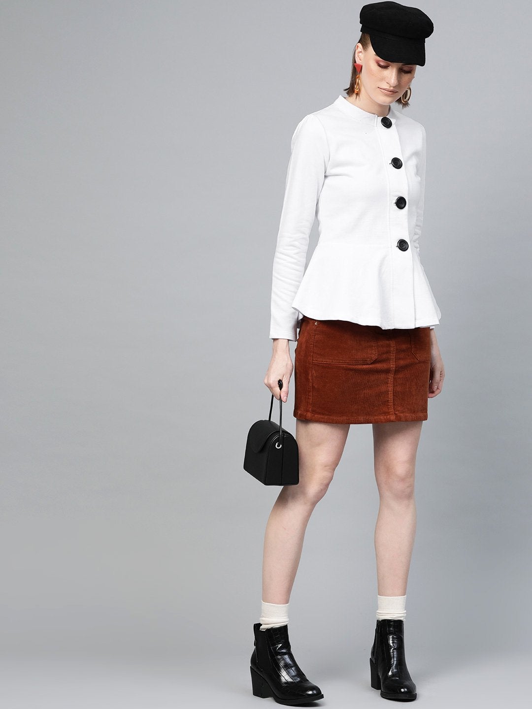 Women's White Button Front Peplum Jacket - SASSAFRAS