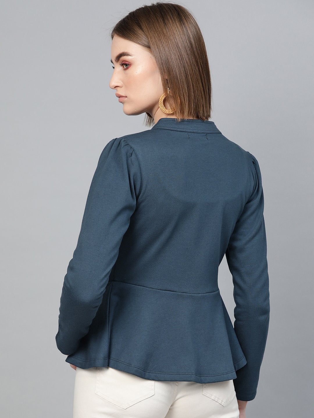 Women's Teal Button Front Peplum Jacket - SASSAFRAS