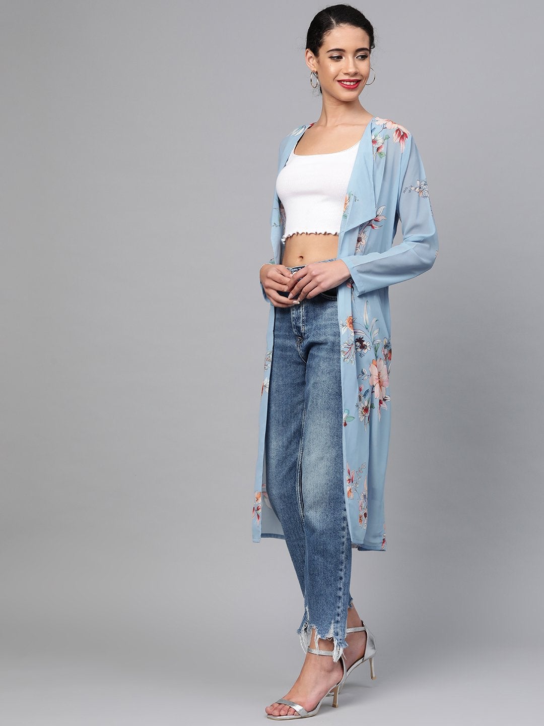 Women's Pale Blue Floral Back Mock Shrug - SASSAFRAS