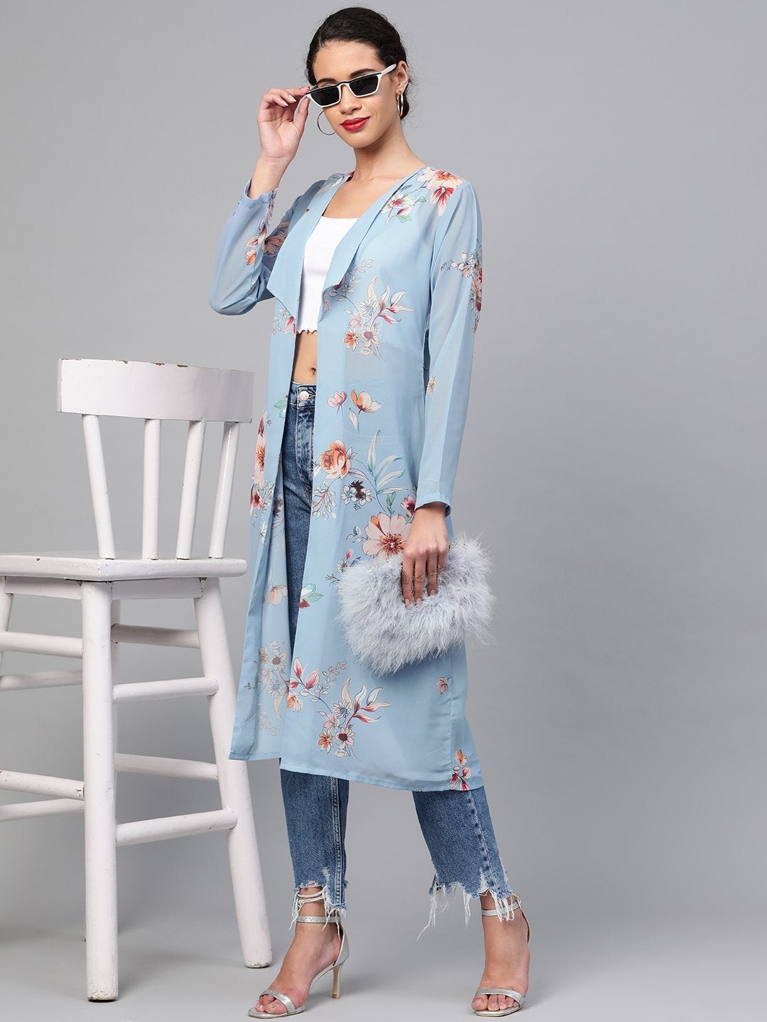 Women's Pale Blue Floral Back Mock Shrug - SASSAFRAS