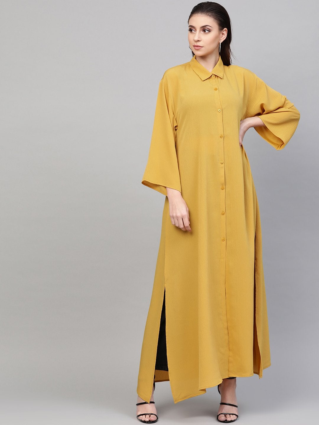 Women's Mustard Button Placket Longline Shrug - SASSAFRAS