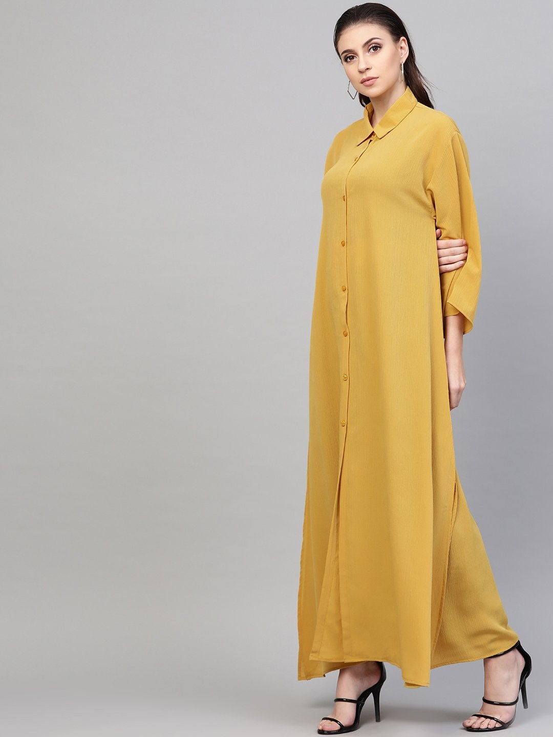 Women's Mustard Button Placket Longline Shrug - SASSAFRAS