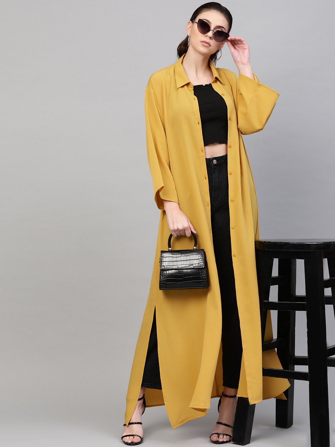 Women's Mustard Button Placket Longline Shrug - SASSAFRAS