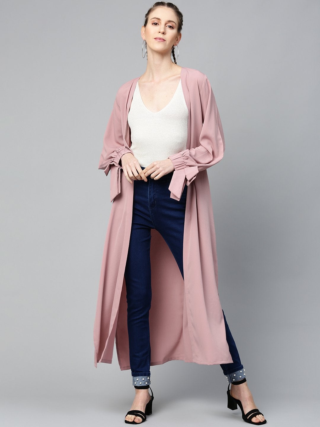 Women's Baked Pink Solid Front Open Shrug - SASSAFRAS