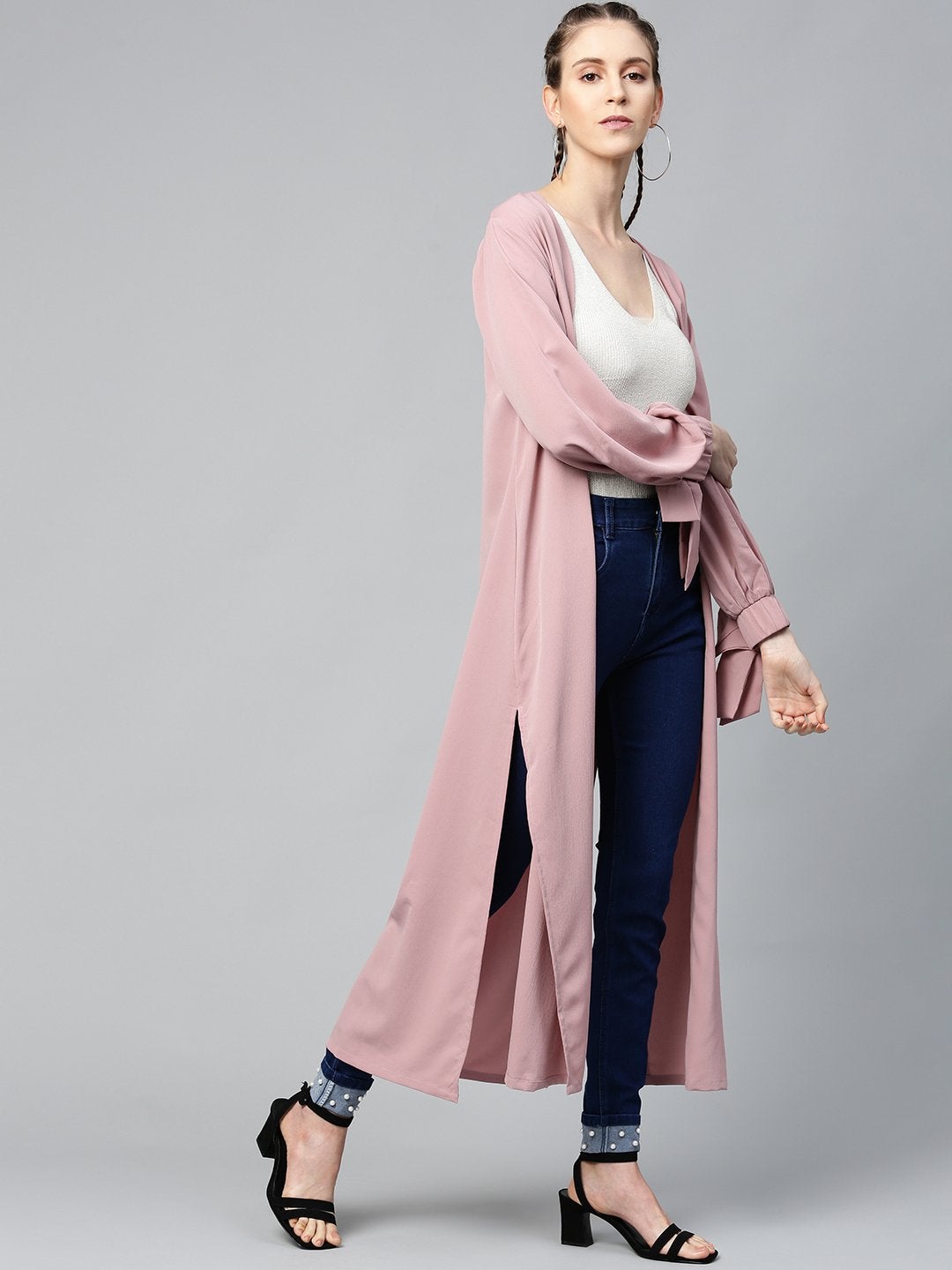 Women's Baked Pink Solid Front Open Shrug - SASSAFRAS