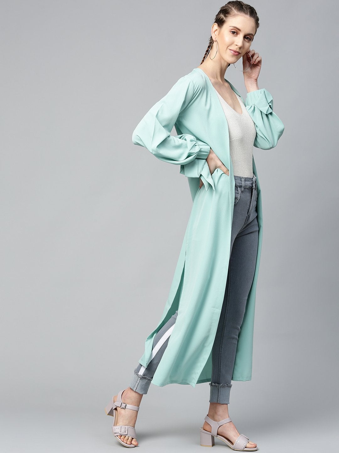 Women's Sea Green Solid Front Open Shrug - SASSAFRAS