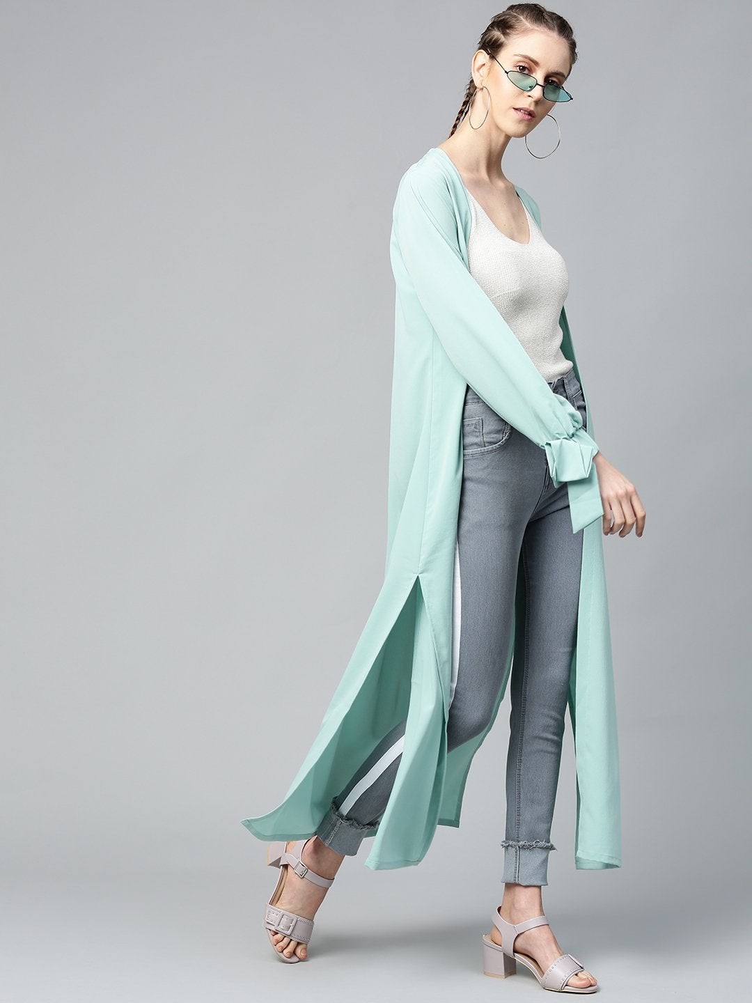 Women's Sea Green Solid Front Open Shrug - SASSAFRAS