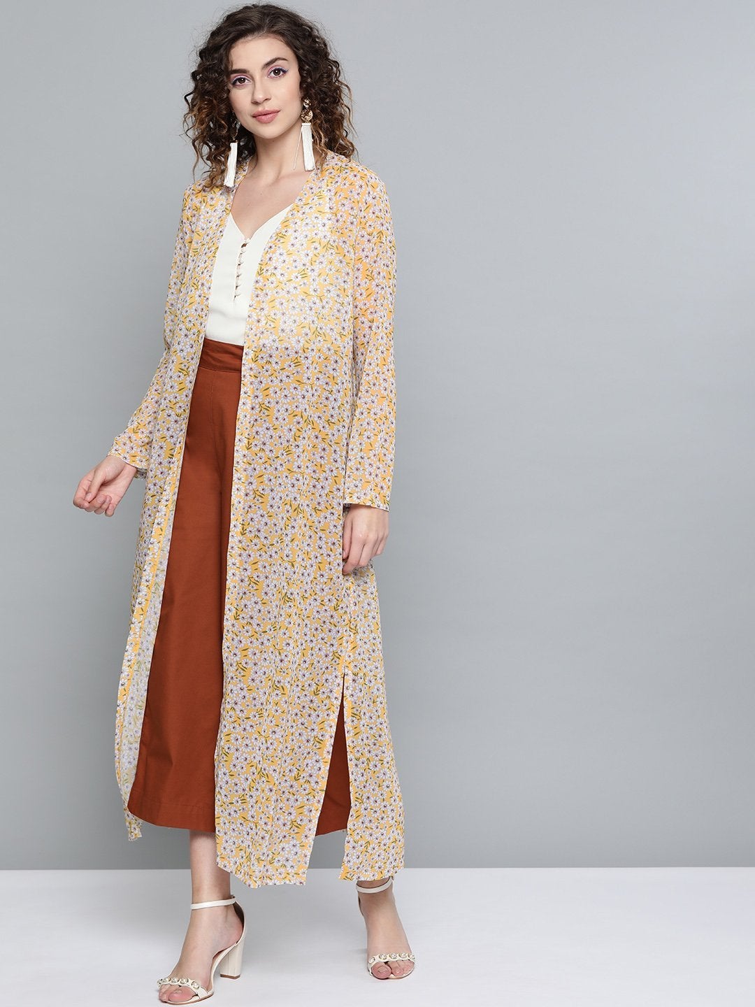 Women's Yellow Ditsy Floral Side Slit Longline Shrug - SASSAFRAS