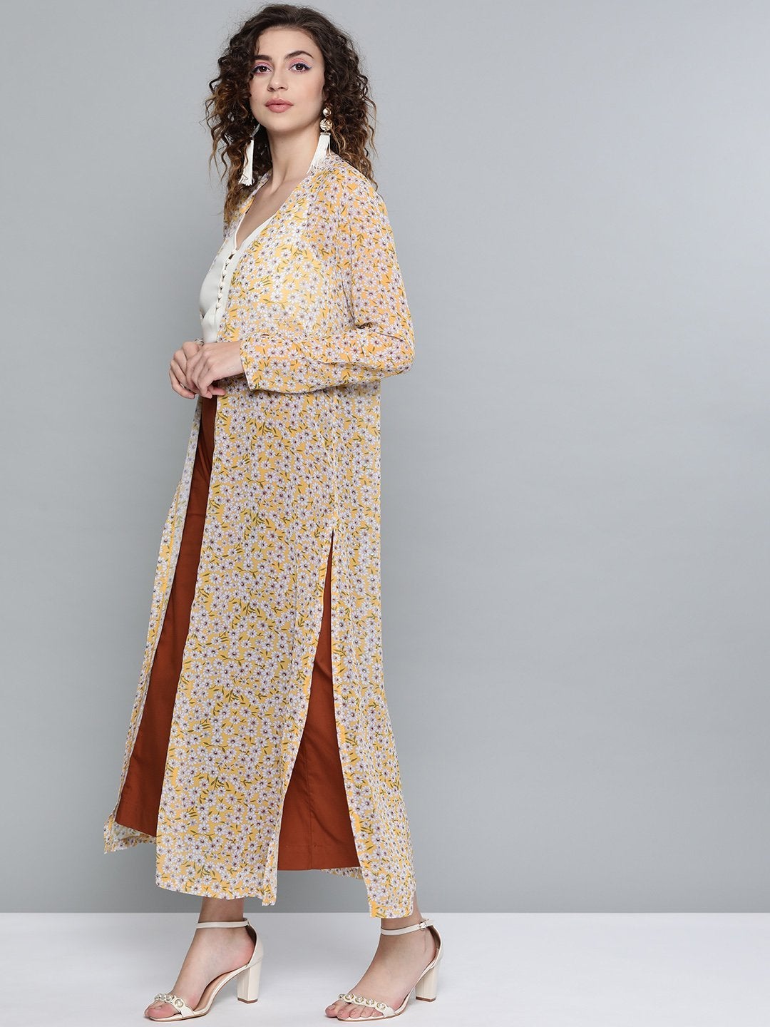 Women's Yellow Ditsy Floral Side Slit Longline Shrug - SASSAFRAS