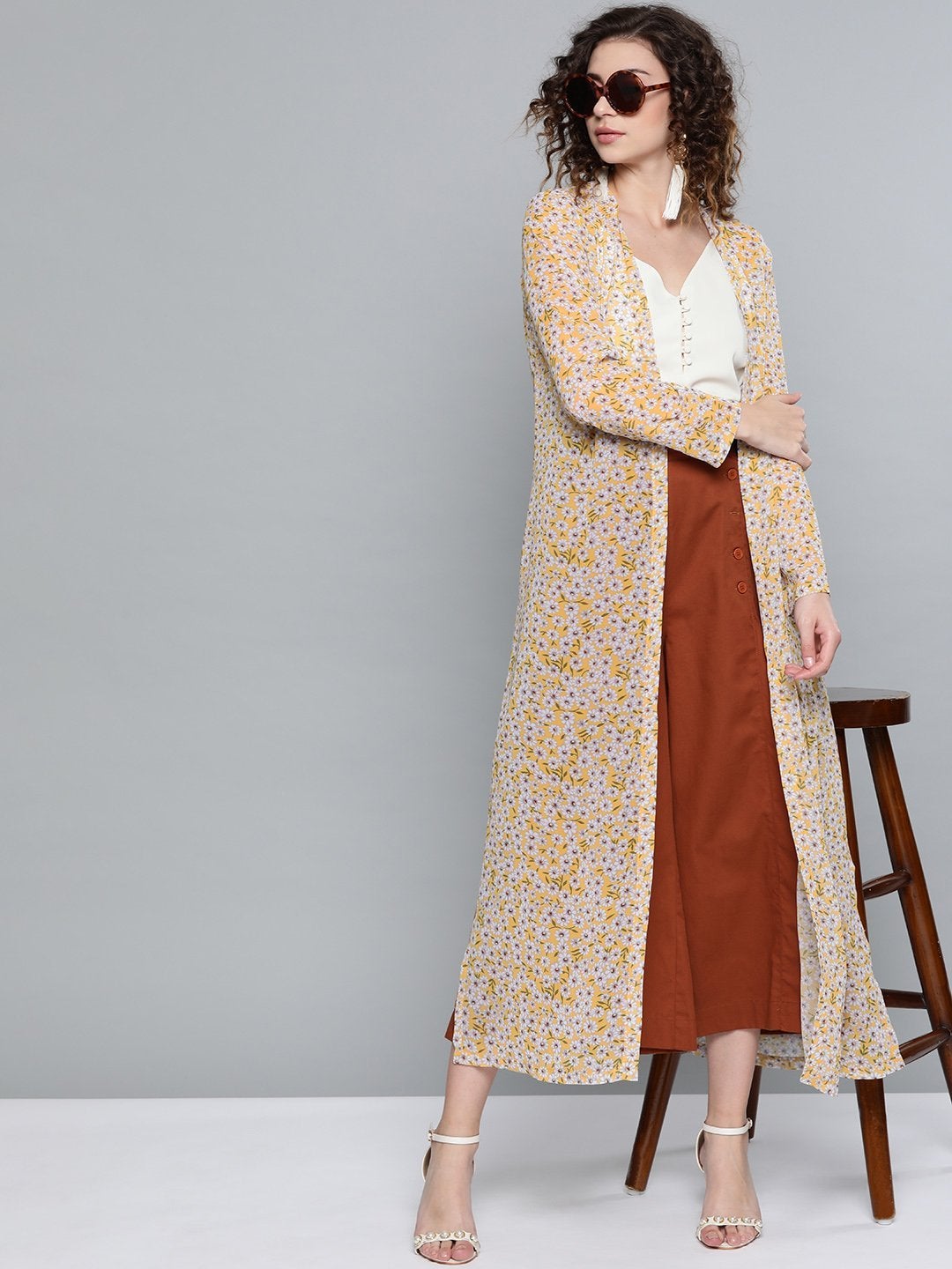 Women's Yellow Ditsy Floral Side Slit Longline Shrug - SASSAFRAS